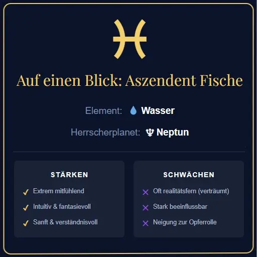 Screenshot der Rechner-Auswertung für den Aszendent Fische mit astrologischem Symbol und Button.