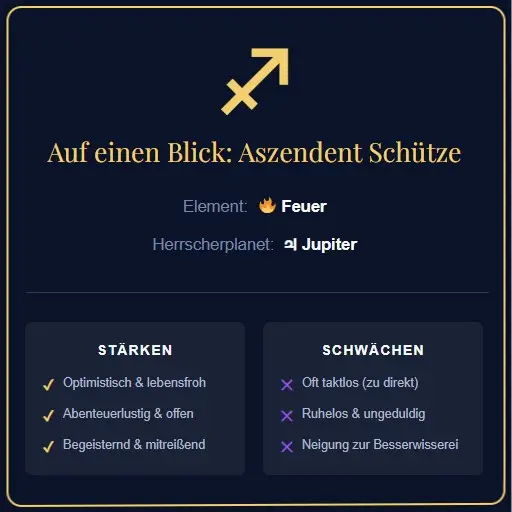 Screenshot der Rechner-Auswertung für den Aszendent Schütze mit astrologischem Symbol und Button.